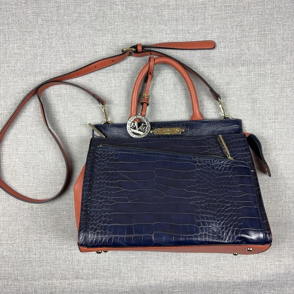 19V69 Italia Satchel Bag Navy Croc Embossed Brown Crossbody Versace 1969